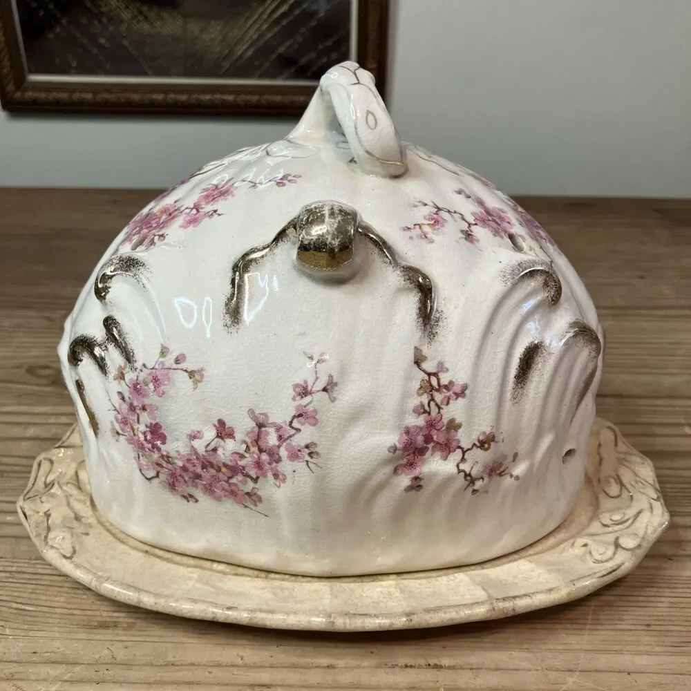Antique Porcelain Butter Cheese Keeper W/ Lid Pink Flowers Cherry Blossom Gold